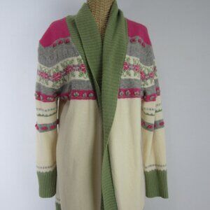 Vtg Gap Body Women M Ivory Green Pink Long Sweater Coat Cardigan Fair Isle Lined